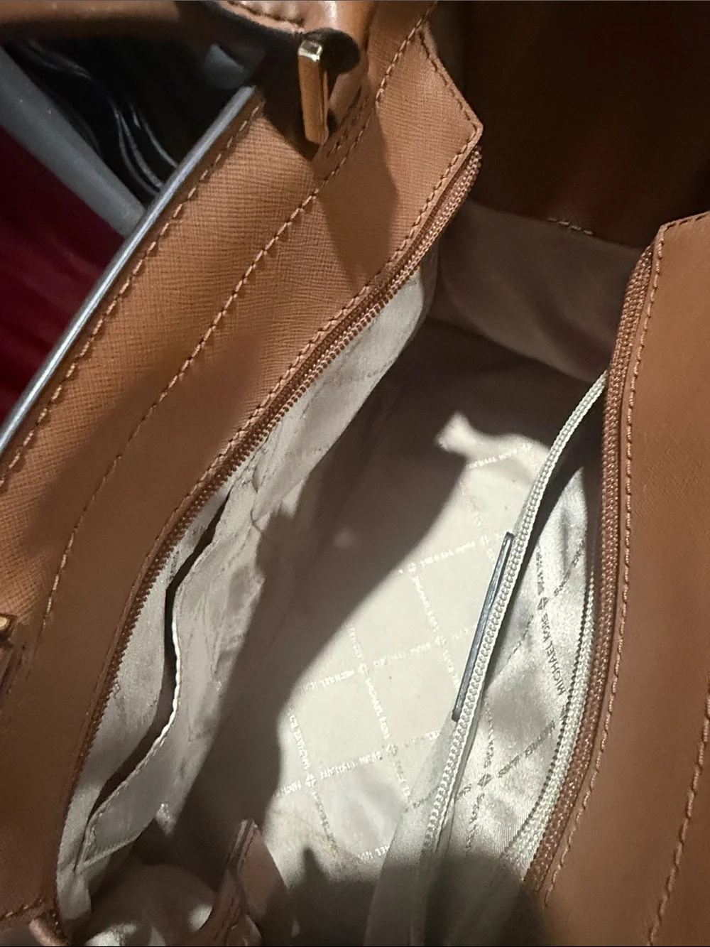 Michael Kors Tan Saffiano Leather Satchel with Gold MK Charm